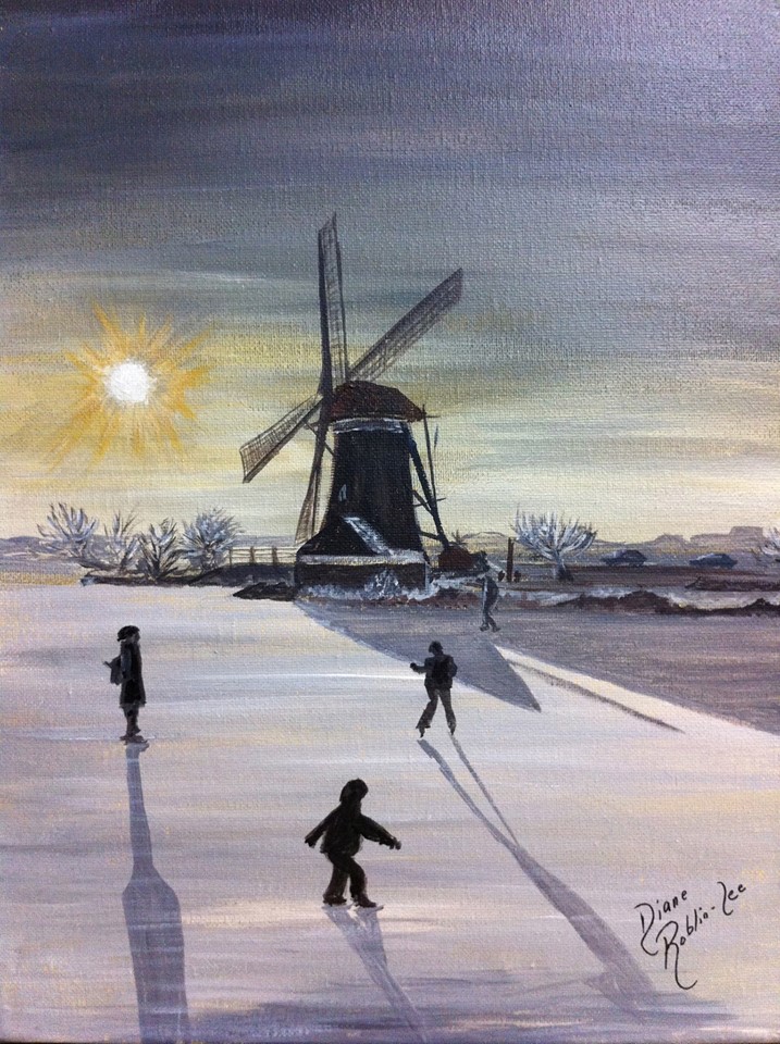 Windmill ice skating painting